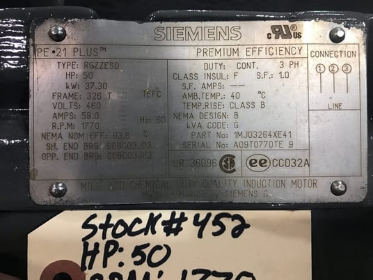 50 HP 1770 RPM Siemens, Frame 326T, TEFC, explosion proof, surplus, 460 Volts - Image 2