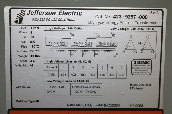112.5 KVA 480 Delta Primary, 240 Delta Secondary, Jefferson, CT120, factory new, Nema 3R, in stock, free - Image 8