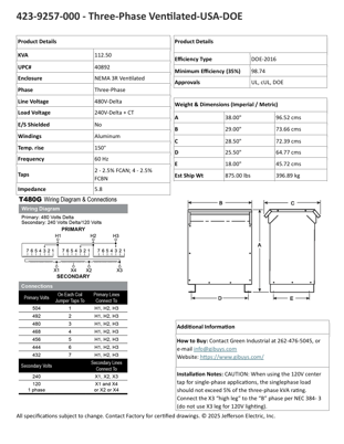 112.5 KVA 480 Delta Primary, 240 Delta Secondary, Jefferson, CT120, factory new, Nema 3R, in stock, free - Image 9