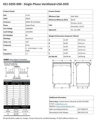 37.5 KVA 240/480 Primary, 120/240 Secondary, Jefferson, Nema 3R, factory new - Image 2