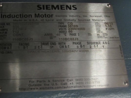 450 HP 720 RPM Siemens, Frame 5810S, weather protected enclosure type 1, BB, new, 2300/4000 Volts - Image 1