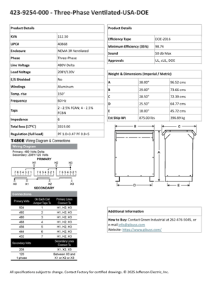 112.5 KVA 480 Delta Primary, 208Y/120 Secondary, Factory New, Nema 3R, free shipping - Image 3