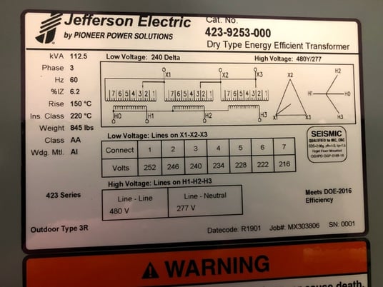 112.5 KVA 240 Delta Primary, 480Y/277 Secondary, Jefferson Electric, step up, factory new, Nema 3R, in stock - Image 7