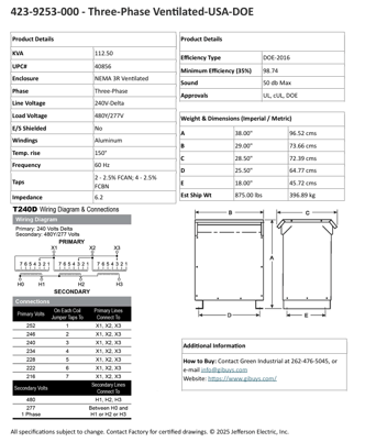 112.5 KVA 240 Delta Primary, 480Y/277 Secondary, Jefferson Electric, step up, factory new, Nema 3R, in stock - Image 8