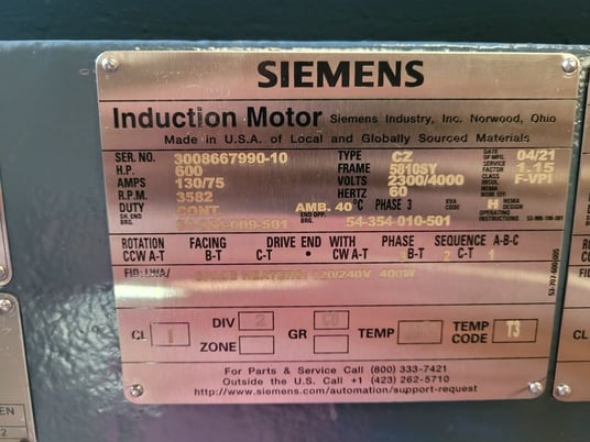 600 HP 3600 RPM Siemens, Frame 5810SY, TEFC, SB, new, 2300/4000 Volts - Image 1