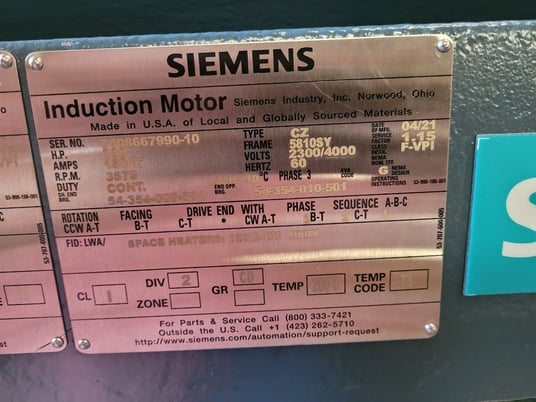 700 HP 3600 RPM Siemens, Frame 5810SY, TEFC, SB, new, 2300/4000 Volts - Image 1