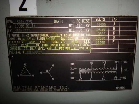 1500/1750 KVA 13800 Delta Primary, 480Y/277 Secondary, Balteau, OA/FA, 65 deg C rise, (2 available) - Image 3