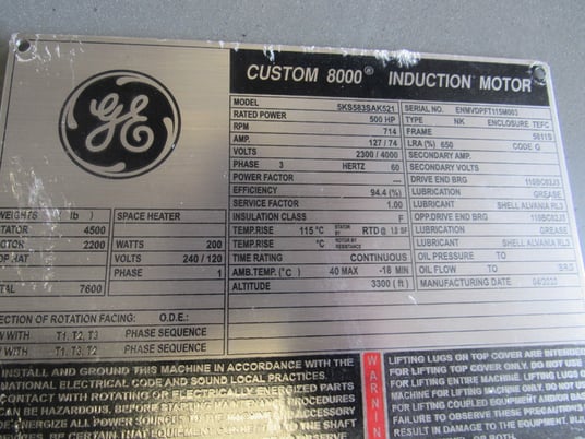500 HP 720 RPM General Electric, Frame 5810S/5811S, TEFC, BB, new