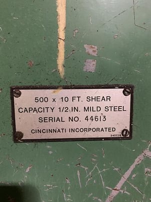 1/2" x 10' Cincinnati #500, hydraulic power shear, 48" Back Gauge, (2) squaring arm, 40 HP, 13 hold downs - Image 7