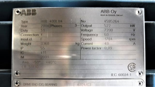 700 HP 1800 RPM ABB, Frame HXR400LH4, TEFC BB, 7200 Volts, New Surplus - Image 1
