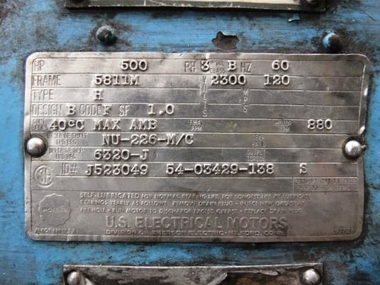 500 HP 900 RPM U.S. Motors, Frame 5811M, Drip-Proof Ball Bearing, 2300 Volts - Image 3