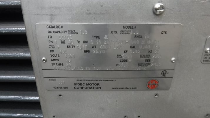 400 HP 3600 RPM U.S. Motors, Frame 5010Z, TEFC, SB, 4160 Volts - Image 1