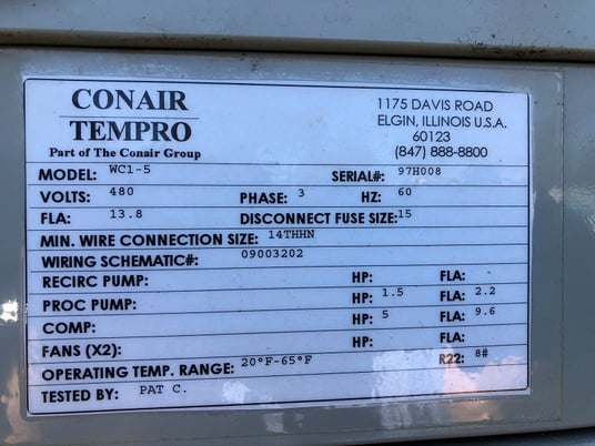Conair #WC1-5, chiller, 13.8 FLA, 20 Degrees Fahrenheit  - 65 Degrees Fahrenheit, 480 V., R-22 - Image 2