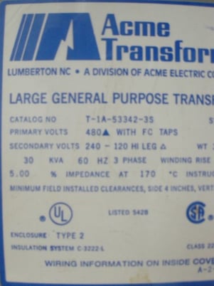 30 KVA 480 Primary, 240/120 Secondary, Acme #T-1A-53342-3S transformer - Image 2