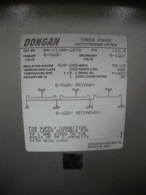 113 KVA 560 Primary, 622 Secondary, Dongan #84-11300-2072 Autotransformer, 50/60 Hz - Image 2