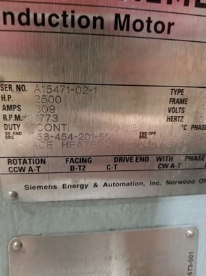 2500 HP 1773 RPM Siemens, Frame 6813Z, weather protected enclosure type 2, sleeve bearings, 4000 Volts - Image 3