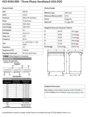500 KVA 480 Delta Primary, 208Y/120 Secondary, Jefferson, dry, warranty, new, free shipping - Image 5