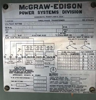 1000 kVA, 12470/7200 WYE Primary, 208/120 WYE Secondary, Mcgraw-Edison Edison, Radial feed, Live front - Image 1