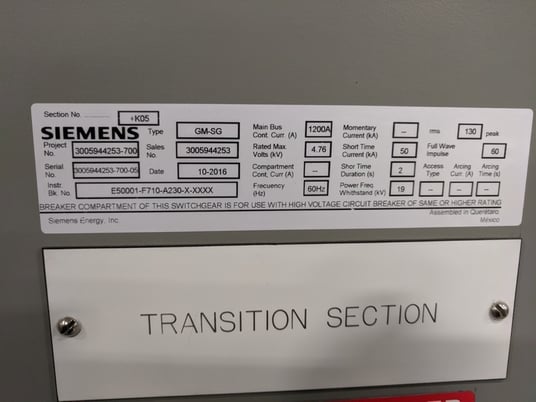 Siemens #GM-SG, 1200 Amp, 5 KV, 6 sections w/5 1200 Amp breakers, new surplus - Image 3