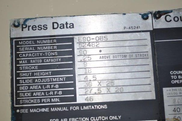 90 Ton, Niagara #E90, OBI back geared press, 9" stroke, 18" Shut Height, 46 SPM,air clutch & brake, 1986 - Image 9
