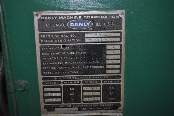 75 Ton, Danly #75, flywheel type OBI press, 8" stroke, 21" Shut Height, air clutch & brake, 40-80 SPM, 1975 - Image 7