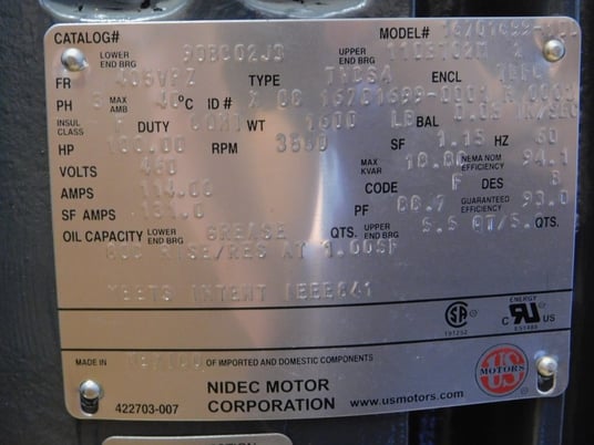 100 HP 3600 RPM U.S. Motors, fr.405VPZ(U=2.125" ), TEFC, 460V, VSS, vertical solid shaft, prem eff, new surp - Image 3