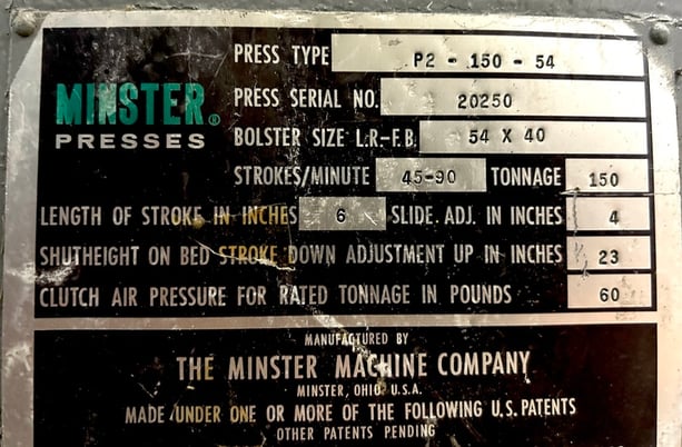 150 Ton, Minster #P2, 6" stroke, 23" Shut Height, 54" x40" bed, 45-90 SPM, cush in bed, (2 available) - Image 10