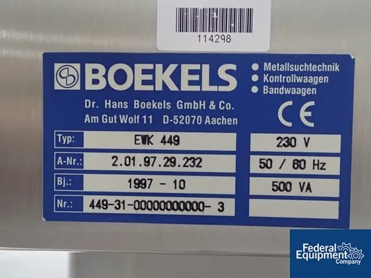 Boekels #EWK 449, checkweigher, 5" wide x 12" weight section, kick reject & controls, serial #2.01.97.29.232 - Image 3