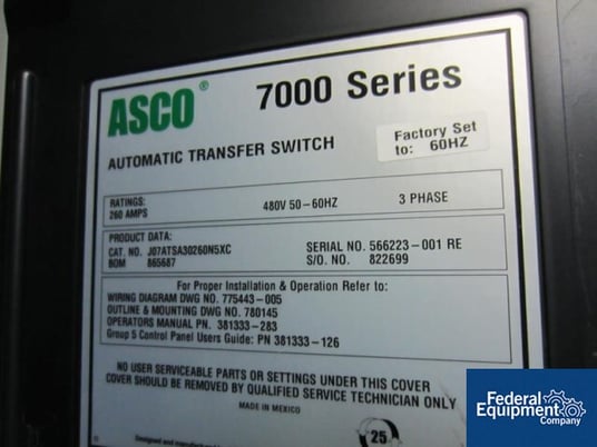 260 Amp. Emerson Network Power Asco 7000 Series, power transfer switch, 480 Volts, s/n #566223-001, #2792-31 - Image 5