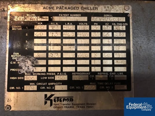 Ketema #DDCA95, chiller, water cooled, (2)60 hp compressors, r22, 460 volt, S/N AC897603, #10634-11 - Image 2