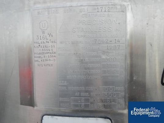 46 gallon Precision Stainless reactor, 316L Stainless Steel, bolt on dish top, dish bottom, 45 psi @ 300°F - Image 8