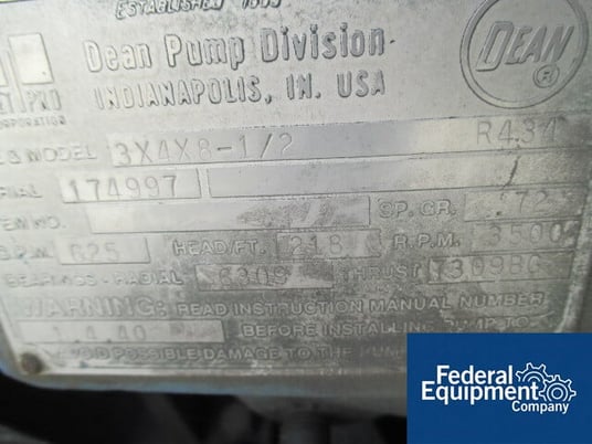 625 GPM @ 218' TDH, Dean, 3" x 4", Carbon Steel, on base w/60 HP motor, serial #17497, #43432 - Image 5