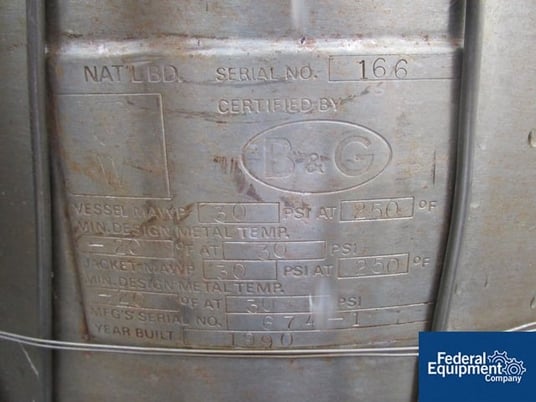 20 gallon B & G reactor, Stainless Steel, 20" dia.x 20" str.side, flat bolt on top, dish btm, 30 psi @ - Image 3