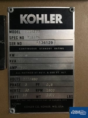 88 KW Kohler #100RZ77, Natural Gas Generator, 277/480 Volts, #2792-25 - Image 2