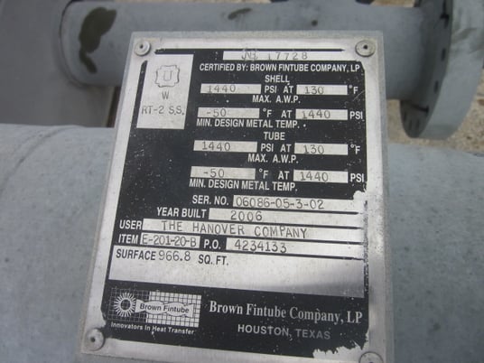 967 sq.ft., 1440 psi shell, Brown Fintube, 1440 psi tubes, horizontal, unused, 2006 - Image 3