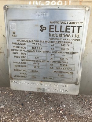 930 sq.ft., 75 psi shell, Ellett Industries, 165 FV psi tubes, horizontal, 2008 - Image 3