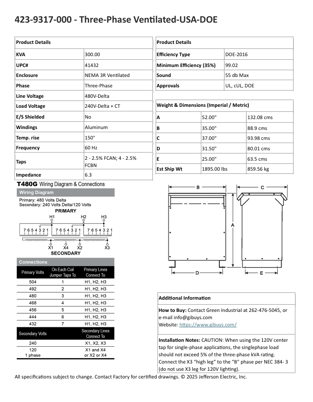 300 KVA 480 Delta Primary, 240 Delta Secondary, Jefferson Electric, CT120, dry type, new, free shipping - Image 9