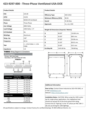 225 KVA 480 Delta Primary, 240 Delta Secondary, Jefferson, CL120, dry, new, free shipping (10 available) - Image 9