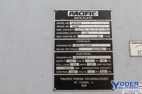 175 Ton, Pacific #175-12, hydraulic press brake, 12' overall, 125" between housing, 10" stroke, 15 HP, 2001 - Image 4