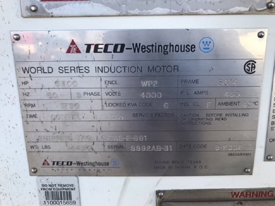 3500 HP 1800 RPM Teco, Frame 5614, weather protected enclosure type 2, S/B, 1.15SF, 4160 Volts - Image 1