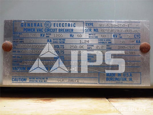 1200 Amps GE Vb 4.16-250-1 Ml-17 (vb 4.16-250) 250 Volts DC Control 29k Amps Sc, Bottle# 42a1 - Image 4