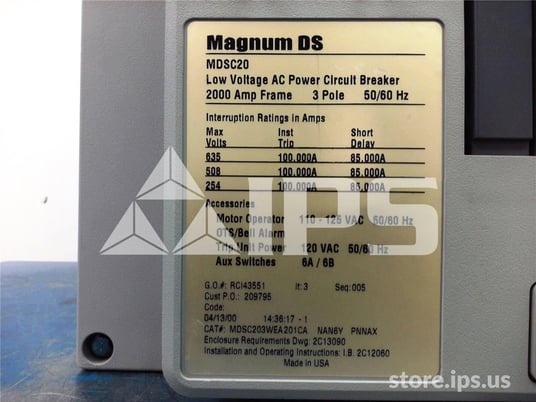 2000 Amps Ch Mdsc203wea201canan6ypnnax Eo/do (mdsc20) 120 Volts AC Control, Digitrip1150 Lsi, 2000 Amps Ct - Image 5