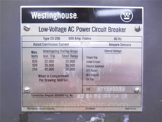 800 Amps WH Ds-206 Eo/do 125 Volts DC Control, Amptector I Lig, 300 Amps Ct - Image 3