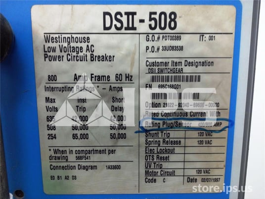 800 Amps Ch Dsii-508 Mo/do Digitrip Rms 510 Lsg, 400 Amps Rp, 800 Amps Ct - Image 5