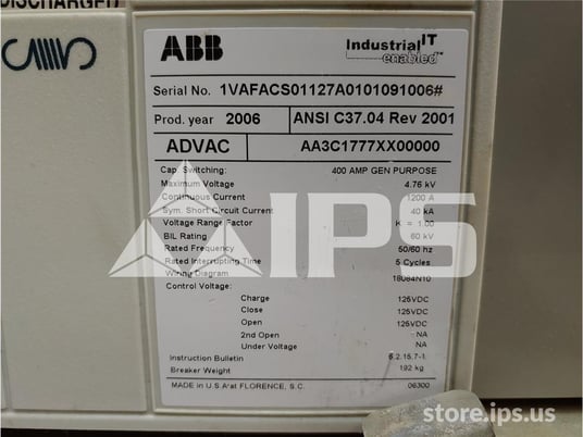1200 Amps ABB Advac Aa3c1777xx00000 Model 3 (advac Model 3) 125 Volts DC Control, 40k Amps Sc - Image 5