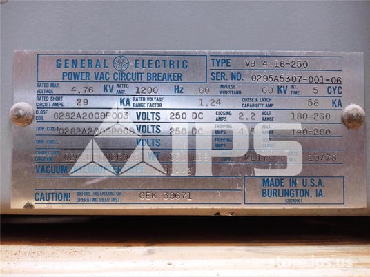 1200 Amps GE Vb 4.16-250 Ml-17 250 Volts DC Control 29k Amps Sc, Bottle# 41a3 - Image 4