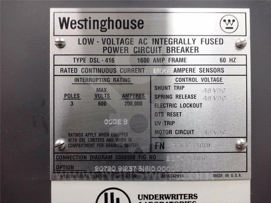 1600 Amps Ch Dsl-416 Eo/do 48 Volts DC Control, Amptector I-a Lsig, 1200 Amps Ct, 2500 Amps Fuse - Image 6