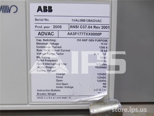 1200 Amps ABB Advac Aa3f1777xx0000p Model 3 (advac Model 3) 125 Volts DC Control, 20k Amps Sc - Image 2
