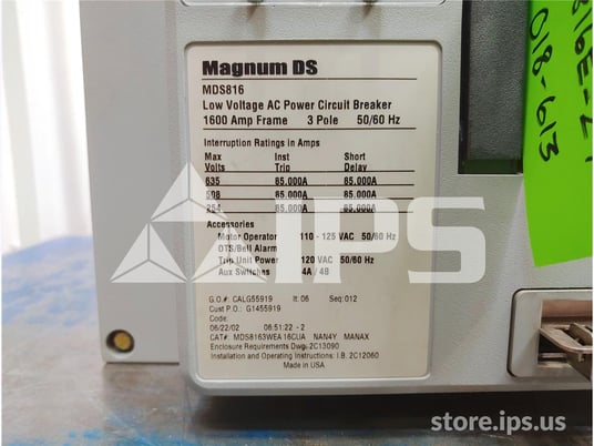 1600 Amps Ch Mds8163wea16cuanan4ymanax Eo/do (mds816) 120 Volts AC Control, Digitrip 520mc Lsi, 1600 Amps Ct - Image 5