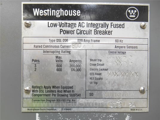800 Amps WH Dsl-206 Mo/do Amptector Ii-a Du Li, 800 Amps Ct, 1200 Amps Fuse - Image 3